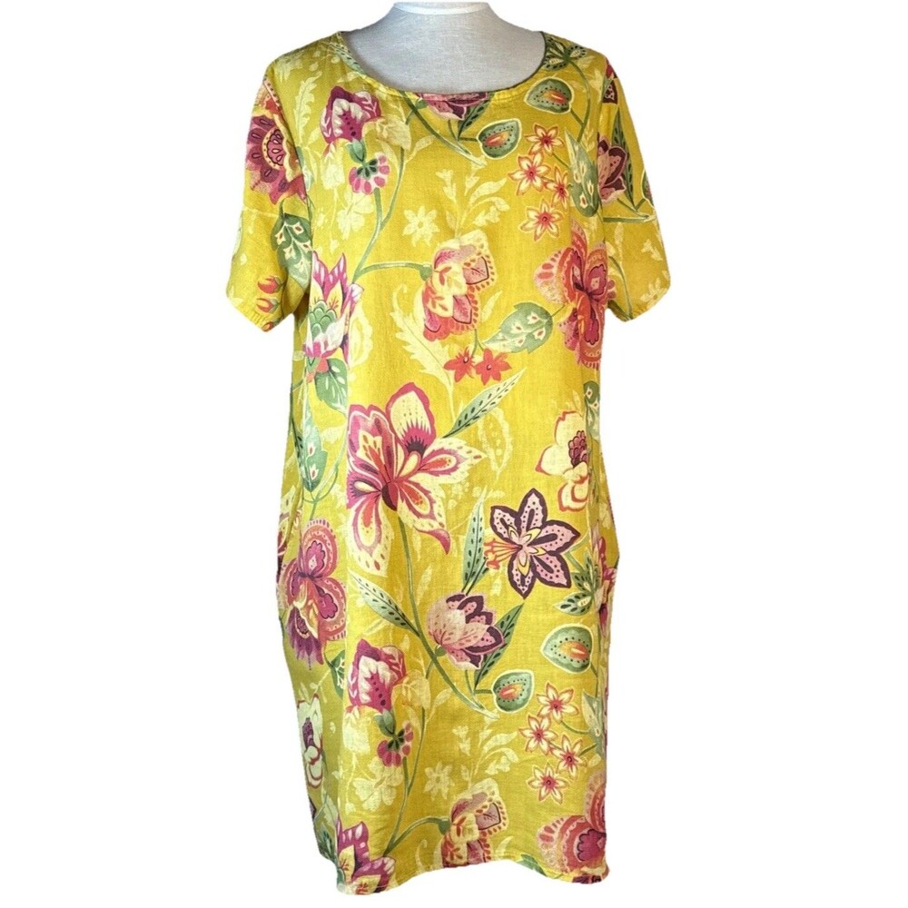 NWT Saga Linen Dress Yellow Floral O/S  Italy Floral Sustainable  L XL Shift